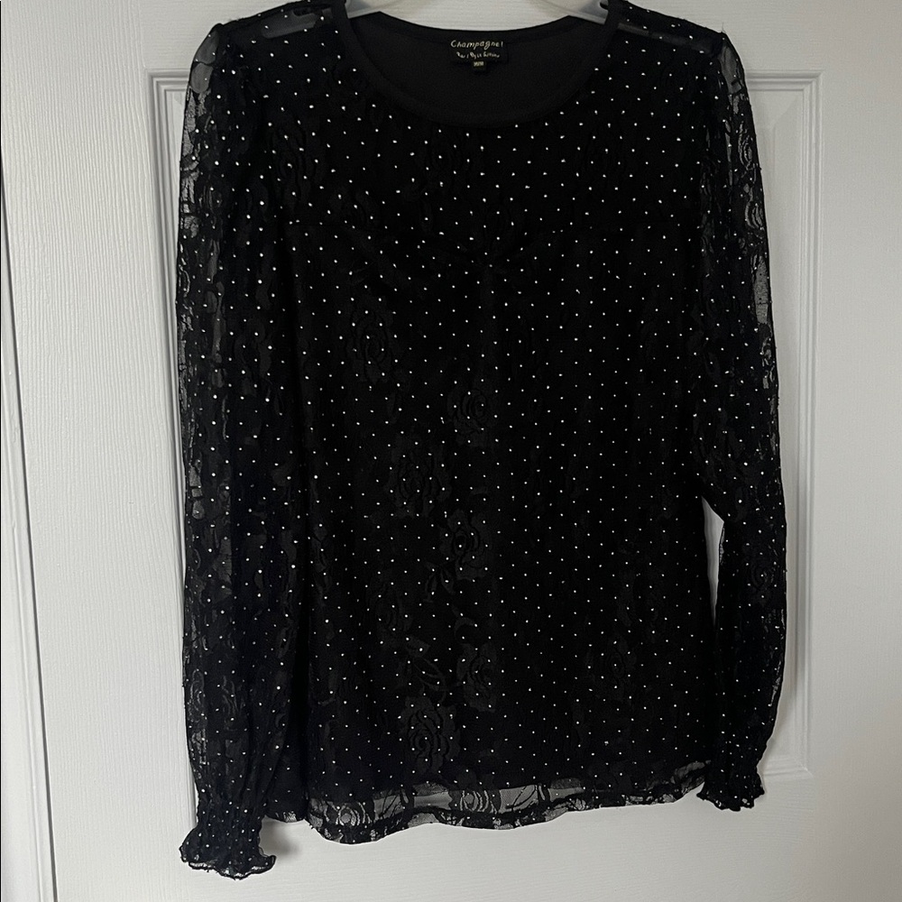 Champagne Black Sheer lacy Polka Dot Blouse